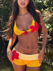 Sexy Bikini Crochet Flower Embellishment Shorts Set