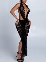 Sexy Backless Halter Lace Hollow Out Skinny Jumpsuits
