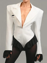 Elegant Lace Patchwork Ruffles Blazer Bodysuit