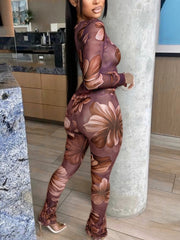 Sexy Print See-Through O Neck Tight Two Piece Set