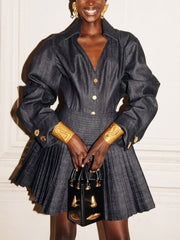 Fashion Denim Jacket Pleated Mini Skirt Set