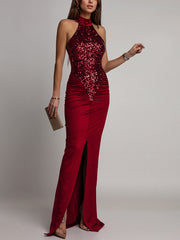 Elegant Sequin Ruffles Maxi Halter Dress