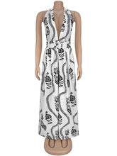Fashion V-neck Print Halter Backless Wide Leg Jumpsuit