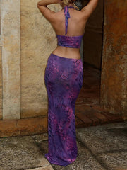 Sexy Print Hollow Out Backless Halter Maxi Dress