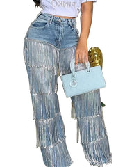 Fashion Sequin Tassels High Waist Jeans