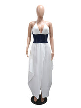 Sexy Deep V Denim Patchwork Cinched Waist Maxi Dress