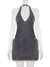 Sexy Drop Waist Fur Trim Halter Mini Dress