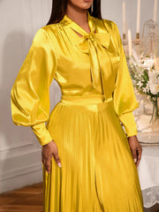 V Neck Lace Up Bow Tops Wide Leg Pleated Trousers Set