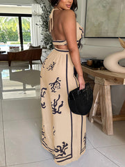 Print Backless Halter Crop Top Wide Leg Pant Set