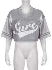 Casual Print Mesh Cloth Patchwork Cropped T-shirt