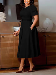 Elegant Round Neck Bubble Sleeve A-line Midi Dress