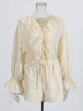 V-neck Lace-up Ruffled Top and Drawstring Shorts Set