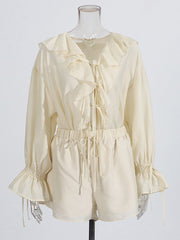 V-neck Lace-up Ruffled Top and Drawstring Shorts Set