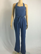 Sexy Sleeveless Slim Denim Halter Belt Jumpsuit