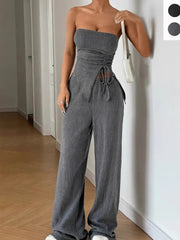 Ribbed Knit Asymmetric Strapless Top And Pants Set