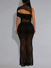 Sexy Sheer Mesh Hollow Out Top Bodycon Dress Sets