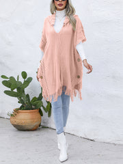 Fashion Fringe Trim Buttoned Hooded Cape Sweater