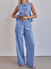 Stripe Sleeveless Lace-up Ruffle Top And Pants Sets