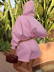 Zipper Hooded Crop Top Shorts Sweatsuits Sets