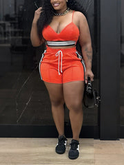 Fashion Patchwork Sling Crop Top Shorts Set