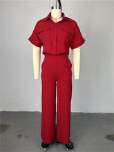 Turndown Collar Short Sleeve Wide Leg 2 Piece Pants Set
