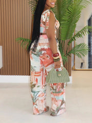 Casual Print Crop Top And Wide-Leg Pants Sets