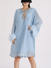 Round Neck Nail Bead Feather Cuffs Pleated Dress