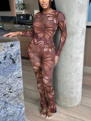 Sexy Print See-Through O Neck Tight Two Piece Set