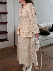 Elegant V-neck Print Waist Ruffle High Split Maxi Dress