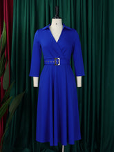 Solid Color With Belt Turndown Collar A Line Dress