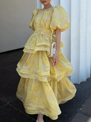 Elegant Jacquard Tiered Puff-Sleeve Maxi Dress