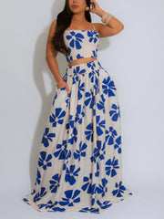 Casual Print Strap Top Swinging Skirt Two Piece Set