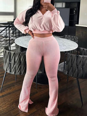 Casual Cropped Hoodie Ribbed Thigh Pants Sets