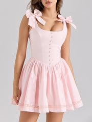 Fashion Scoop Neck Plain Bow Mini Sling Dress