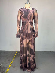 Elegant Print Patchwork Asymmetrical Collar Maxi Dress