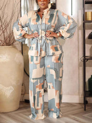 Print Cinched Waist Top Casual Pants Two Piece Set