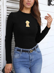 Round Collar Metal Keyhole Embellishment Knit Sweater