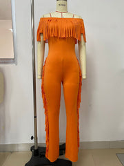 Sexy Off Shoulder Fringe Slim Fit Jumpsuit