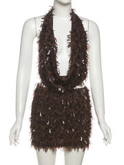Sequin Fringe Halter Backless Cropped Skirt Sets
