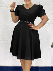 Casual V-neck High Waist Pleated Hem Midi Dress