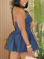 Sexy Halter Backless Denim Mini Dress
