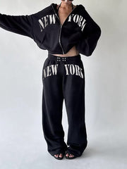 Letter Print Hoodie Elastic Waist Straight Pants Set