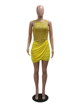 Sequins O-neck Patchwork Irregular Ruched Club Dress