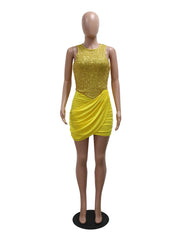 Sequins O-neck Patchwork Irregular Ruched Club Dress