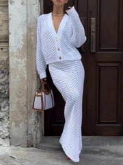 Elegant Slim Knit Hollow Out Cardigan Long Skirts Sets