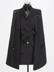 Elegant V Neck Sequins Embellished Cape Blazer