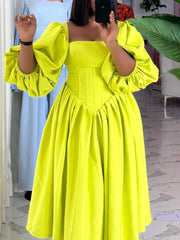 Square Neck Lantern Sleeve Ruched Maxi Dress