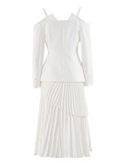 Trendy Off Shoulder Blazer Pleated Skirt Suit