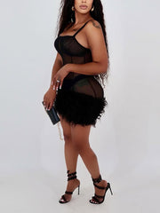 Sexy Sheer Mesh Patchwork Fluff Sleeveless Mini Dress