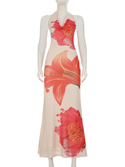 Casual Stack Collar Halter Print Backless Maxi Dress